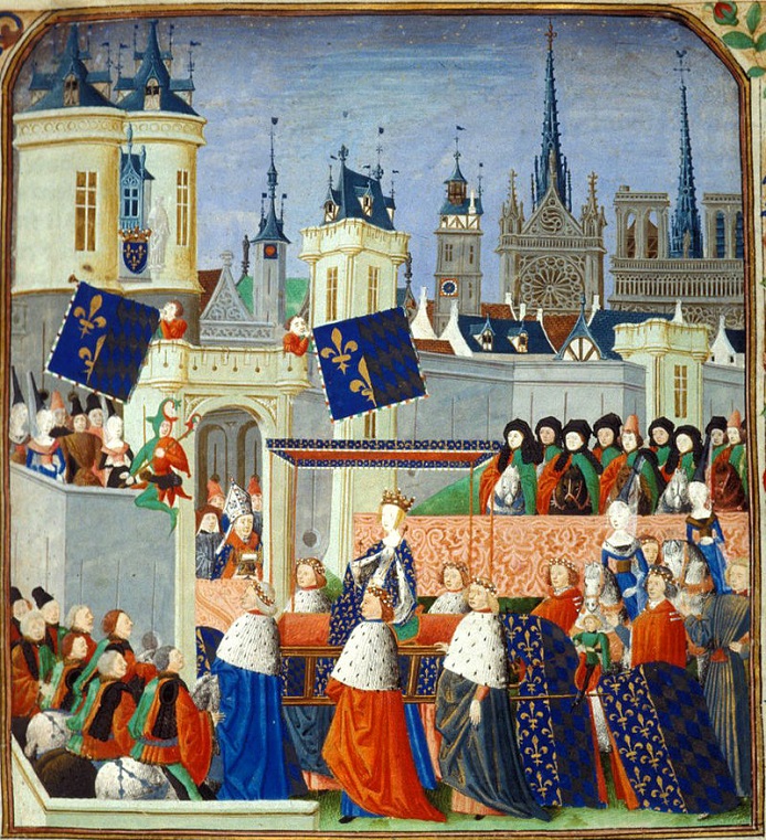 Isabeau Queen Consort of France enters into Paris, 1389, August 23 (Jean Froissart)   from Chronicles BL Harley 4379
